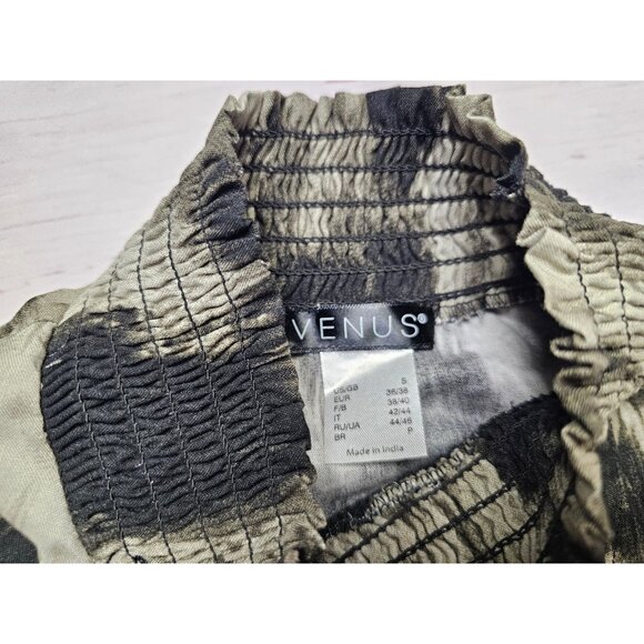 VENUS S BLACK BEIGE MOCK NECK COLD SHOULDER SMOCKED WAIST PEPLUM V-NECK L/S TOP - Picture 2 of 16